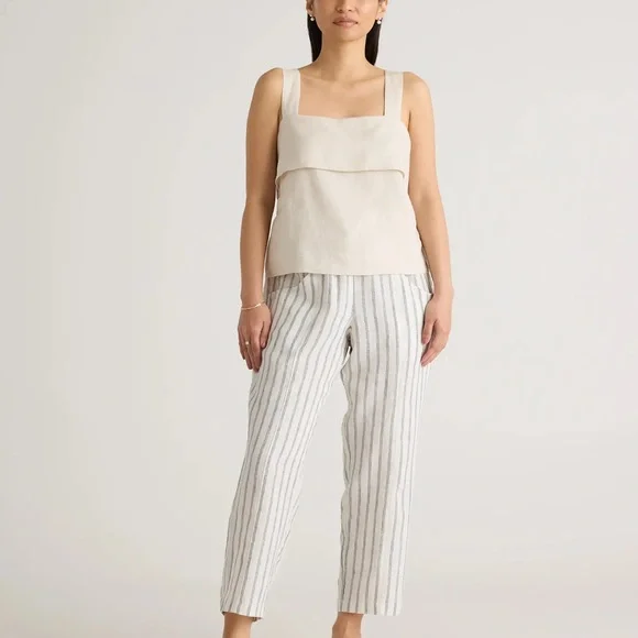 Quince 100% European Linen Tapered Ankle Pants Women’s XL Oatmeal/Black Stripe - Picture 1 of 12